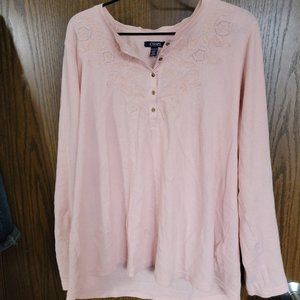 Chaps Blush Pink Embroidered Waffle Top Button Front Pullover Size XXL